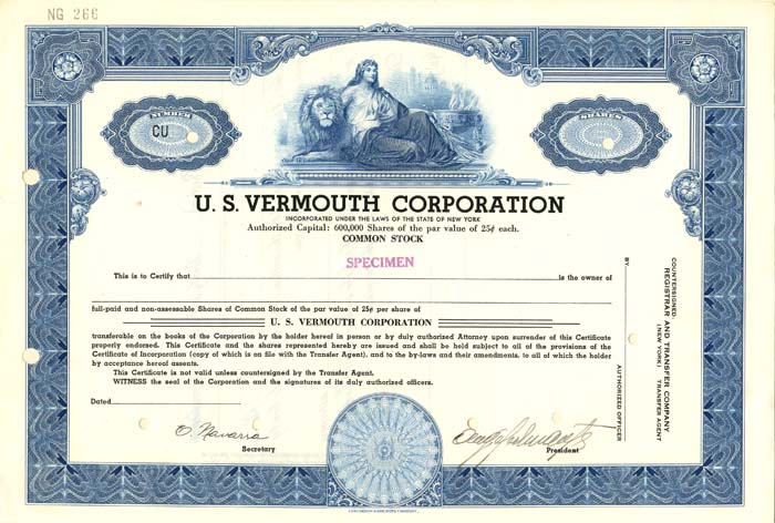 U.S. Vermouth Corporation - Specimen Stock Certificate